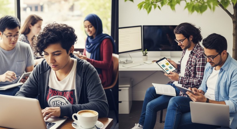 Students studying remotely on laptops and tablets, illustrating the flexibility of online education.