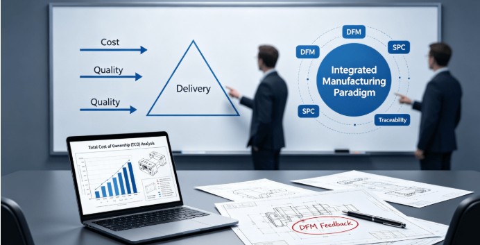 A professional scene illustrating the integrated manufacturing paradigm: engineers discuss DFM feedback on custom sheet metal part drawings, with a whiteboard in the background contrasting traditional trade-offs with a unified solution for precision manufacturing.